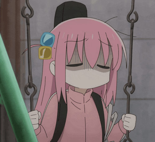 a cartoon girl with pink hair is sitting on a swing with her eyes closed