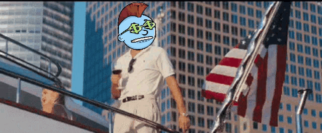 a pixel art of a man with a mohawk and sunglasses standing next to an american flag