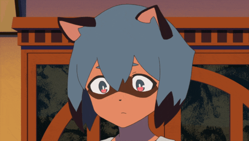 a close up of a cartoon character with a cat ear