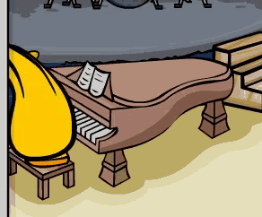 a cartoon of a person playing a piano in front of a band