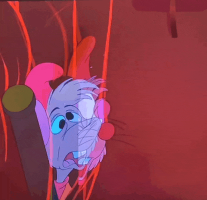 a cartoon character with a red background and a purple head