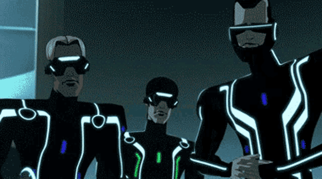 a group of cartoon characters are standing next to each other and one of them is wearing a helmet