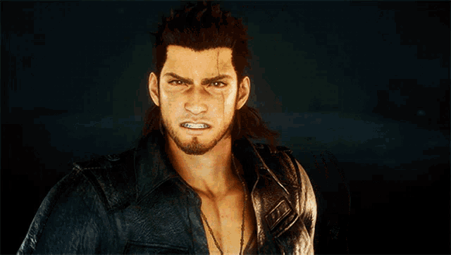 a man with a beard is wearing a black leather jacket