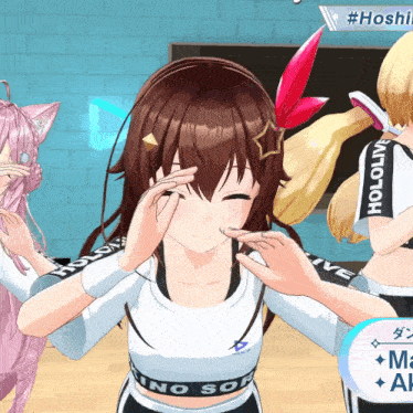 a girl wearing a white shirt with hololive on the sleeves