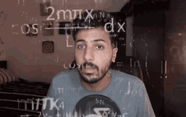 a man with a beard is standing in front of a wall covered in math equations .