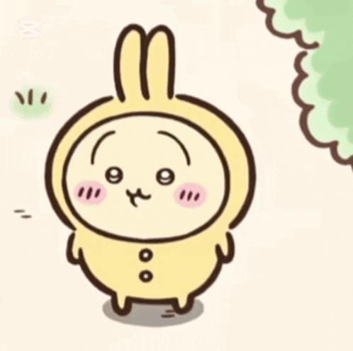 a cartoon character is wearing a bunny costume and standing next to a tree .