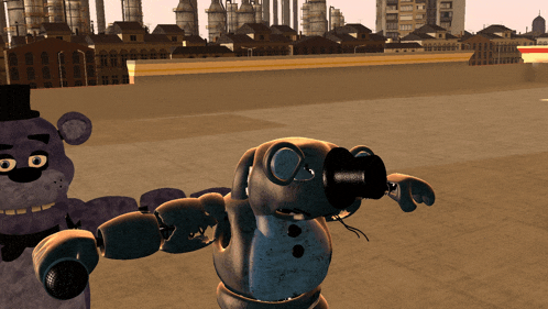 a cartoon bear and a robot are standing next to each other on a roof