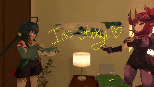 two anime girls are standing in front of a poster that says " instinctive "