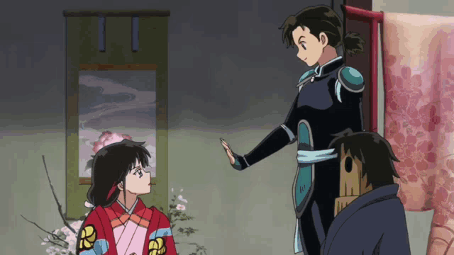 a man and a woman are standing next to each other in an anime scene