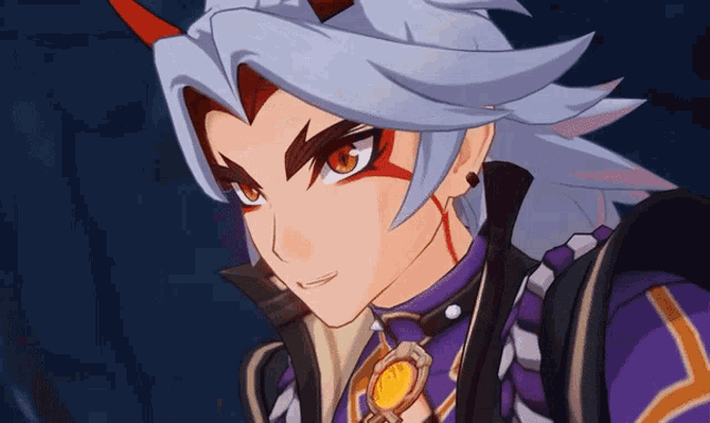 a close up of a cartoon character with white hair