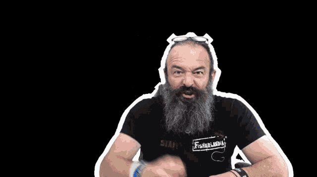 a man with a beard is wearing sunglasses and a black shirt that says ' apocalypse ' on it
