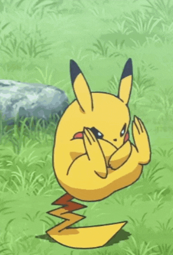 a pikachu with its arms crossed standing in the grass