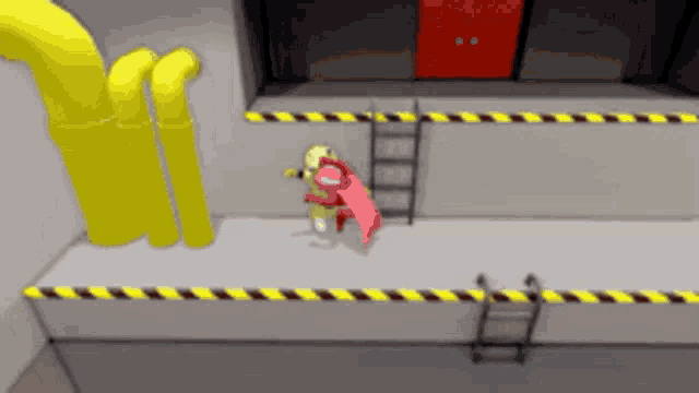 a cartoon character in a red cape is standing in a room with yellow pipes
