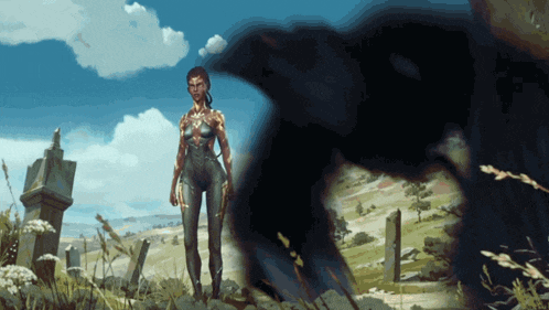 a painting of a woman standing in a field with a crow in the background