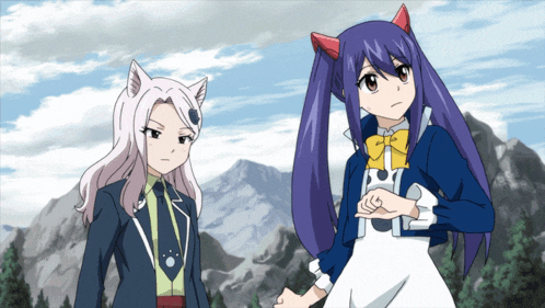 two anime characters standing next to each other one with purple hair and the other with white hair
