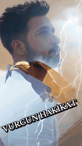 a man with a bird on his shoulder has the name vurgun hakikat on the bottom right