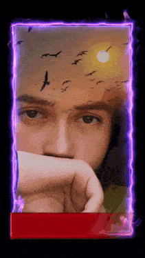 a painting of a man with birds flying over his head