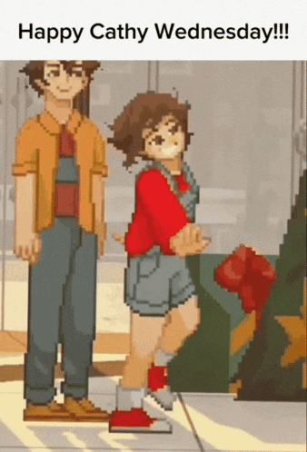 a pixel art of a boy and a girl with the words happy cathy wednesday