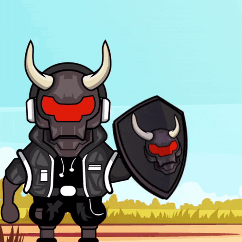 a cartoon drawing of a knight with horns holding a shield