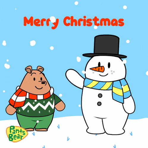 a pants bear christmas card with a snowman and a bear