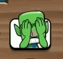 a cartoon character is covering his face with his hands in a game .