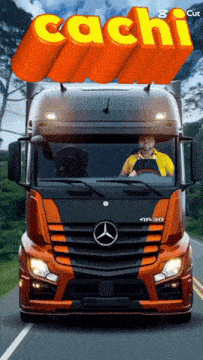 a man in a yellow shirt is driving a mercedes truck on a road
