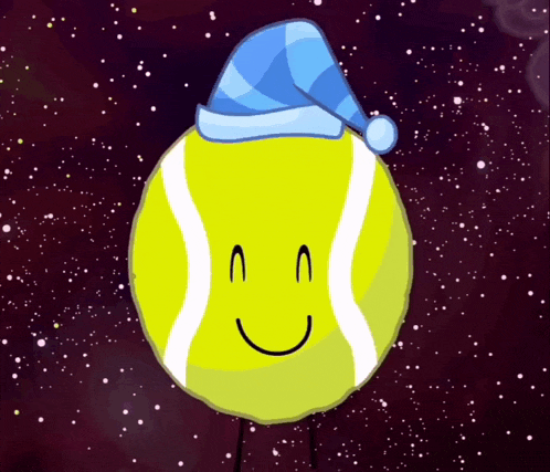 a cartoon tennis ball wearing a blue hat