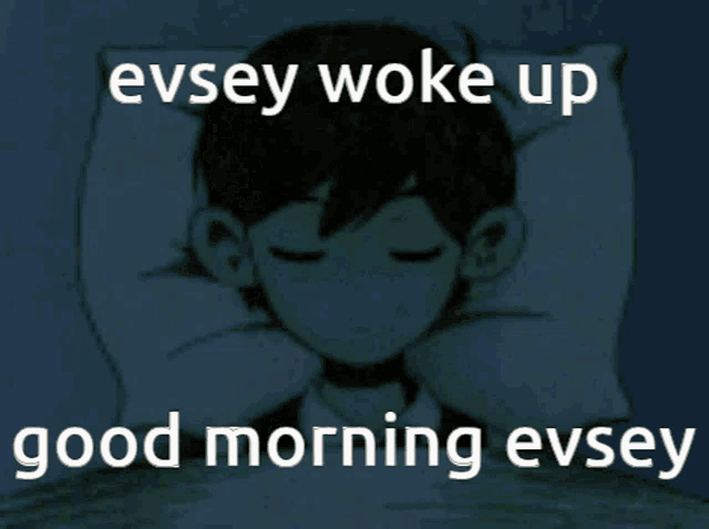 a picture of a boy sleeping with the words evsey woke up good morning evsey on the bottom
