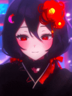 a close up of a girl with red eyes and a red flower in her hair