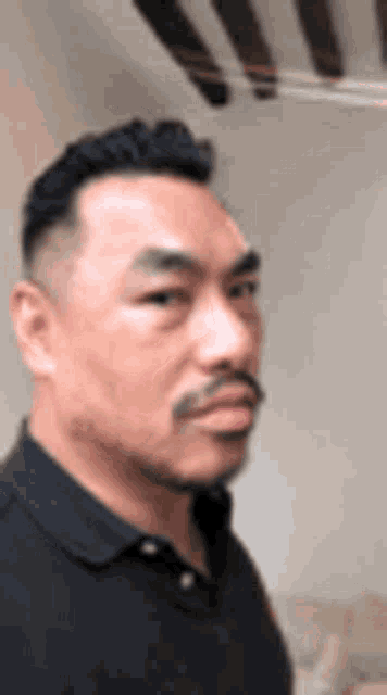 a man with a mustache and a black shirt is standing in a room .