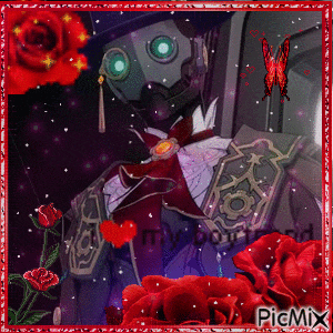 a picture of a robot surrounded by red roses and butterflies with the caption " my boyfriend "