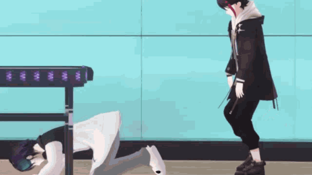 a group of anime characters are playing a game and one of them is on his knees
