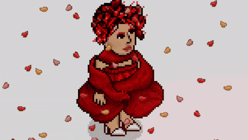a pixel art of a person in a red dress and white shoes