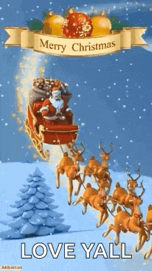 santa claus is flying in a sleigh with reindeer pulling it .