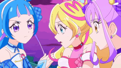 three anime girls are standing next to each other and one of them has a heart on her hair
