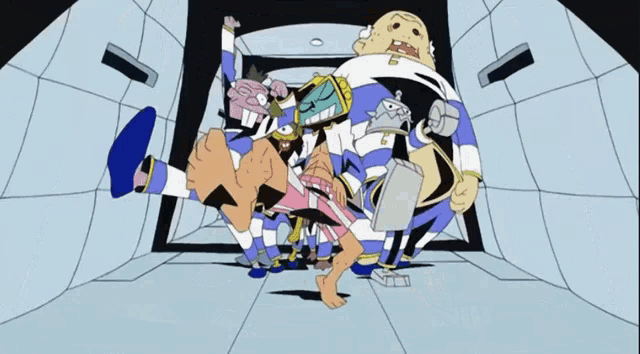 a group of cartoon characters are standing in a hallway and one of them has the letter l on his chest