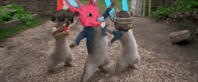 a group of animals are dancing with one wearing a pink bunny costume