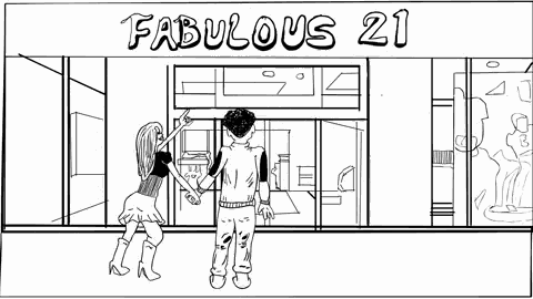 a black and white drawing of a man and a woman walking through a clothing store .