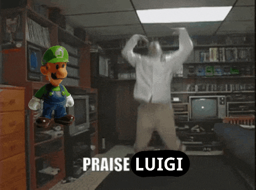 a man is dancing in a living room with a praise luigi sign