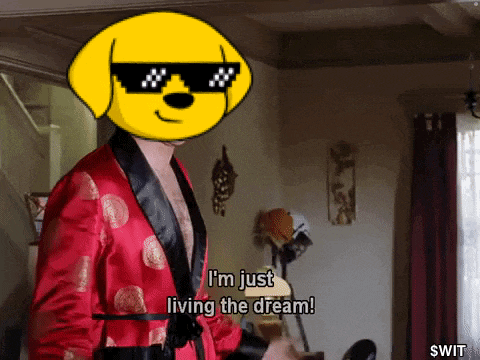 a man in a red robe with a yellow dog face on his head says i 'm just living the dream