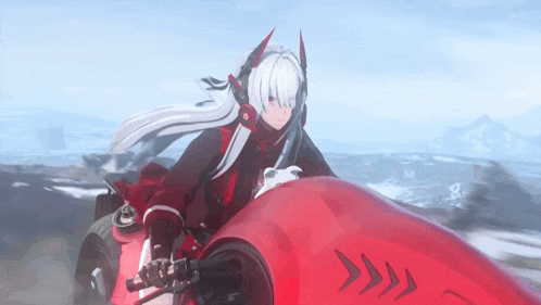 a girl with white hair and horns is riding a red vehicle
