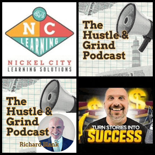 a collage of images for the nickel city learning solutions the hustle and grind podcast
