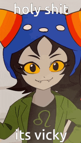 a cartoon of a girl wearing a blue hat with the words holy shit its vicky on it