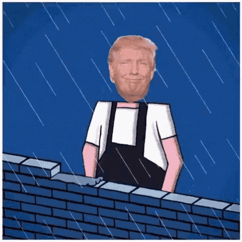 a cartoon of donald trump building a brick wall in the rain
