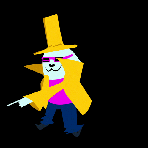 a cartoon character wearing a top hat and sunglasses is pointing
