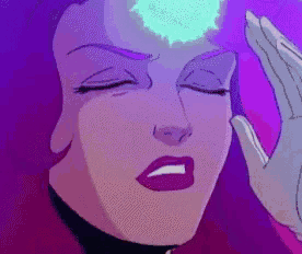 a close up of a cartoon character 's face with a purple background and a hand on her head .