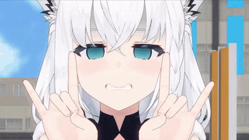 a anime girl with white hair and blue eyes making a funny face