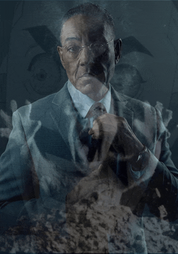 a man in a suit and tie is standing in front of a ghostly image