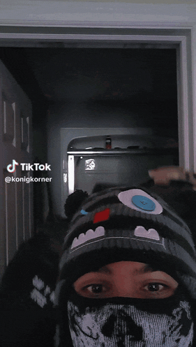 a person wearing a mask and a beanie has a tiktok sticker on their head