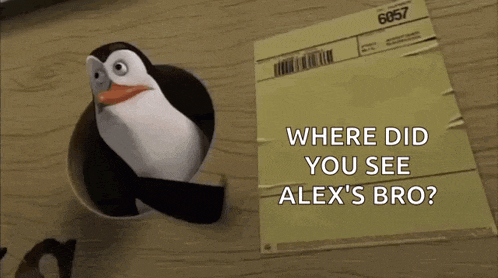 a penguin looking out of a hole next to a piece of paper that says where did you see alex 's bro ?
